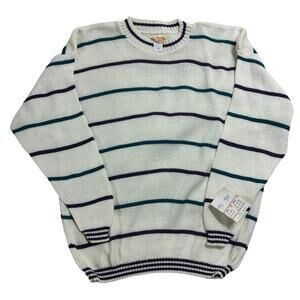 Vintage Adam Sloane Sweater Mens Large Ivory Striped Crew Acrylic USA Made NEW